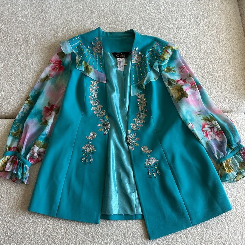 Elite Champagne Women's Blue Bedazzled Flowy Suit Jacket Puff Sleeves Size 14